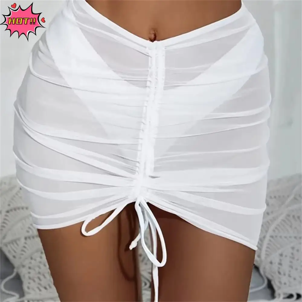 

Sexy Translucent Swimsuit Beach Skirt Mesh Drawstring Solid Ruffled Overskirt Gauze Skirt Seaside