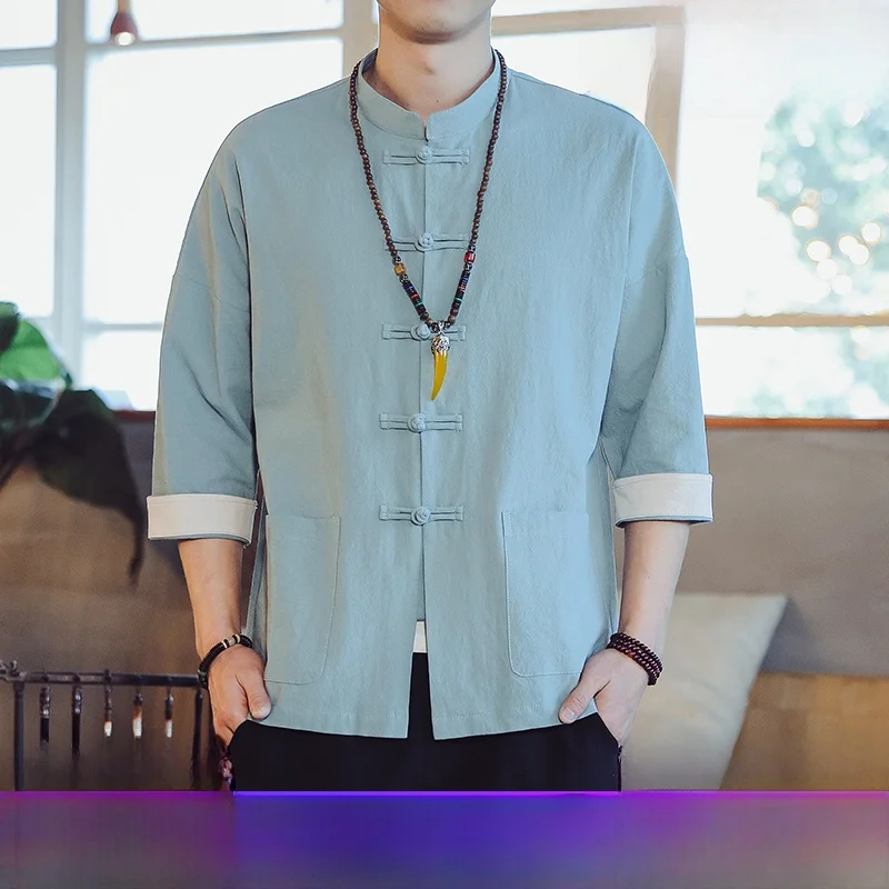 

Men's Summer Thin Cotton Linen ort Sve irt Loose Fit Retro Hanfu Large Size Casual Comfortable Breathable Anti-Wrinkle