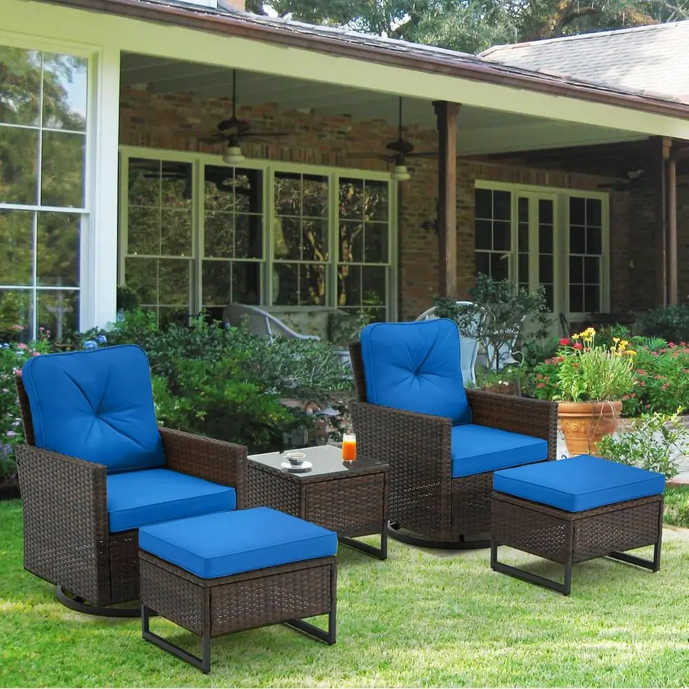 

5 Piece Patio urniture Set, Patio Swivel Glider Chairs with Ottoman & Glass Side Table, Wicker Contion Set or Backyard, Garden a