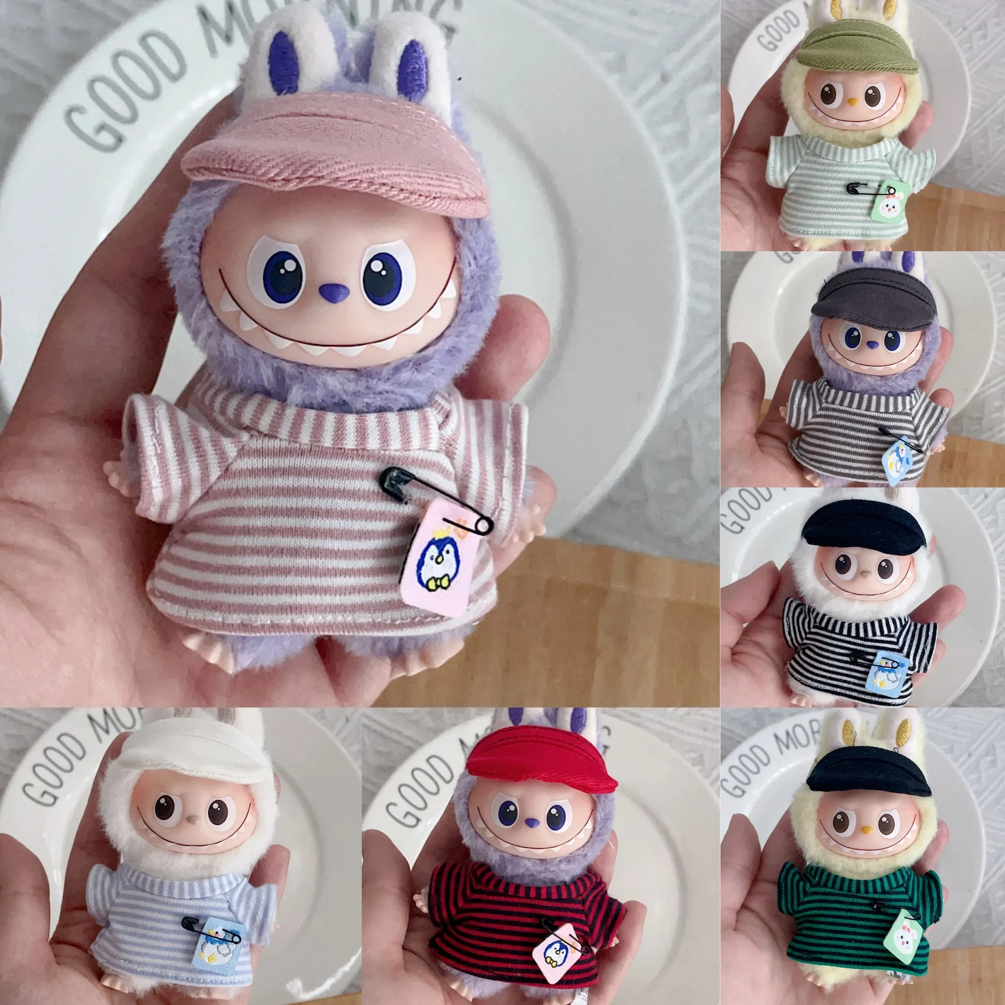 

Бейсбольная кепка и футболка в полоску серии Labubu 4-го поколения, сменный наряд в уличном стиле для виниловой куклы 10 см