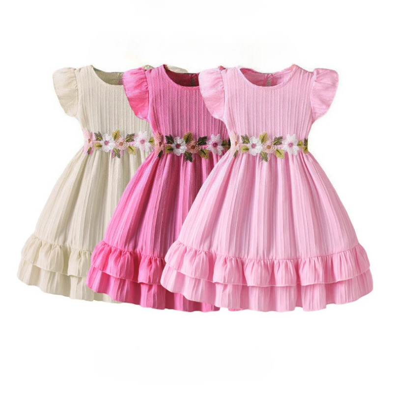 Summer Girl Dress Flutter Sleeve Floral Embroidery Princess Party Beach Dresses Ruffle Hem Sundress Vacation Kids Outfit 3-10Y