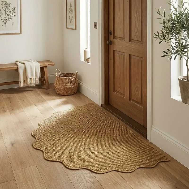 Half-Circle Rippled Edge Jute Texture Carpet Easy Clean Floor Mat Home Living Bedroom Entrance Rug
