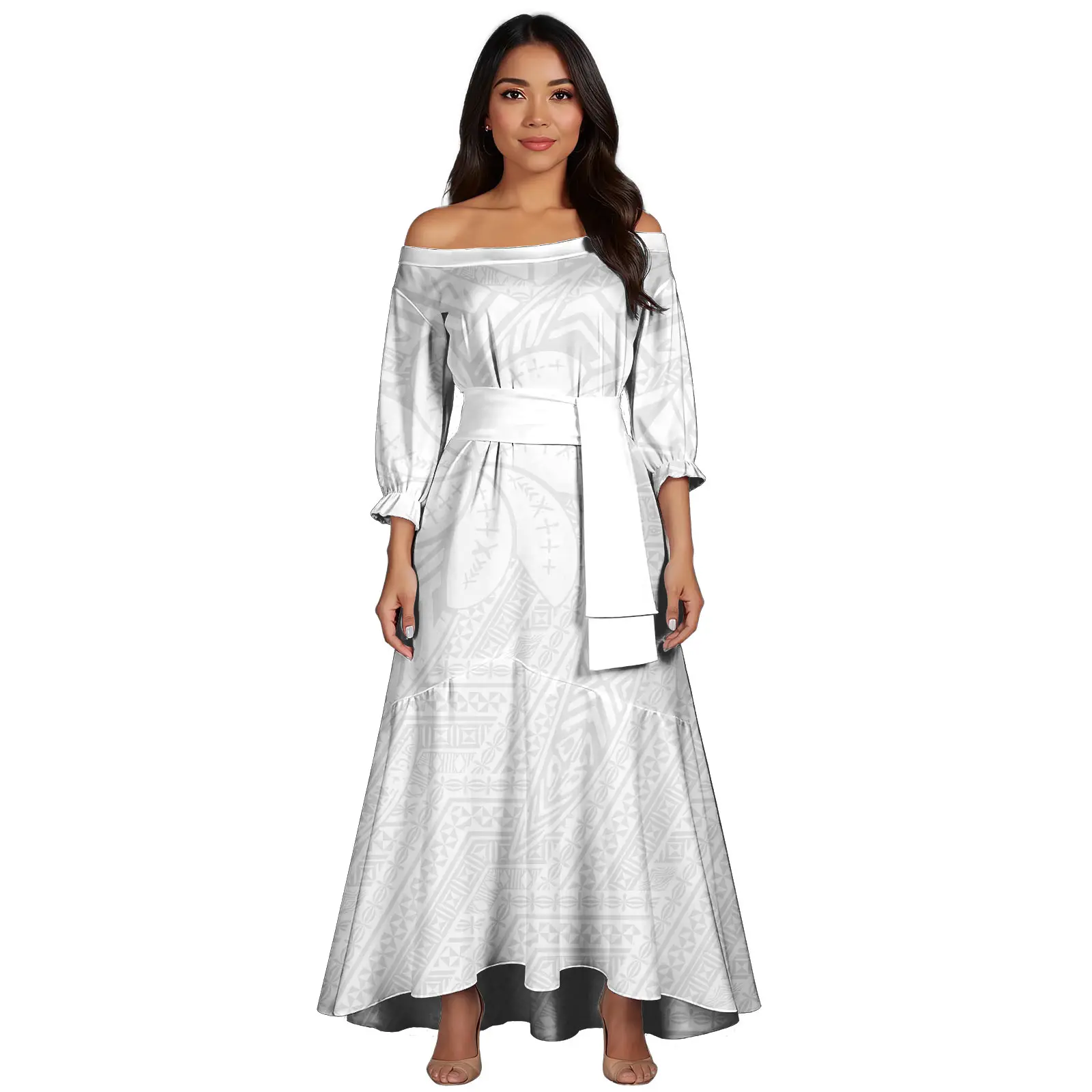 New White Polynesian Samoa Tribal Print Trumpet Mermaid Dress Custom Ladies Off Shoulder Casual Evening Dresses