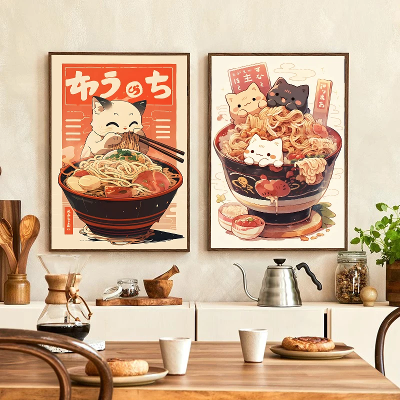 Kawaii Japanese Ramen Animal Cats Posters Canvas Paintings and Prints Noodles Food Wall HD Pictures For Kitchen Room Home Decor