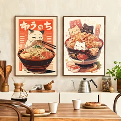 Kawaii Japanese Ramen Animal Cats Posters Canvas Paintings and Prints Noodles Food Wall HD Pictures For Kitchen Room Home Decor