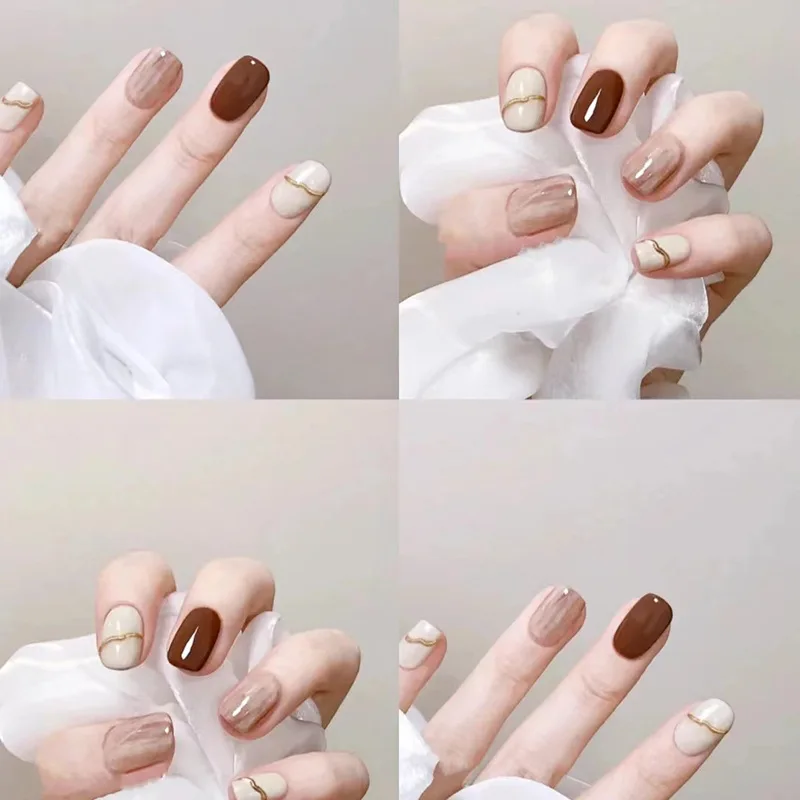 

10pcs Handmade Reusable False Nails To Stick for Girls Brown Short Square Nail Tips Spring and Autumn Nails Press on Glued Nails