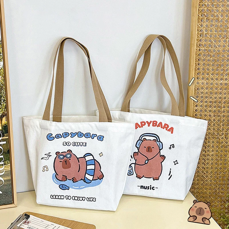 Cute Capybara Canvas Bag For Women Shopping Bag Environmental Storage Reusable Shoulder Tote Bag Cartoon Capybara Hand Bag Gift