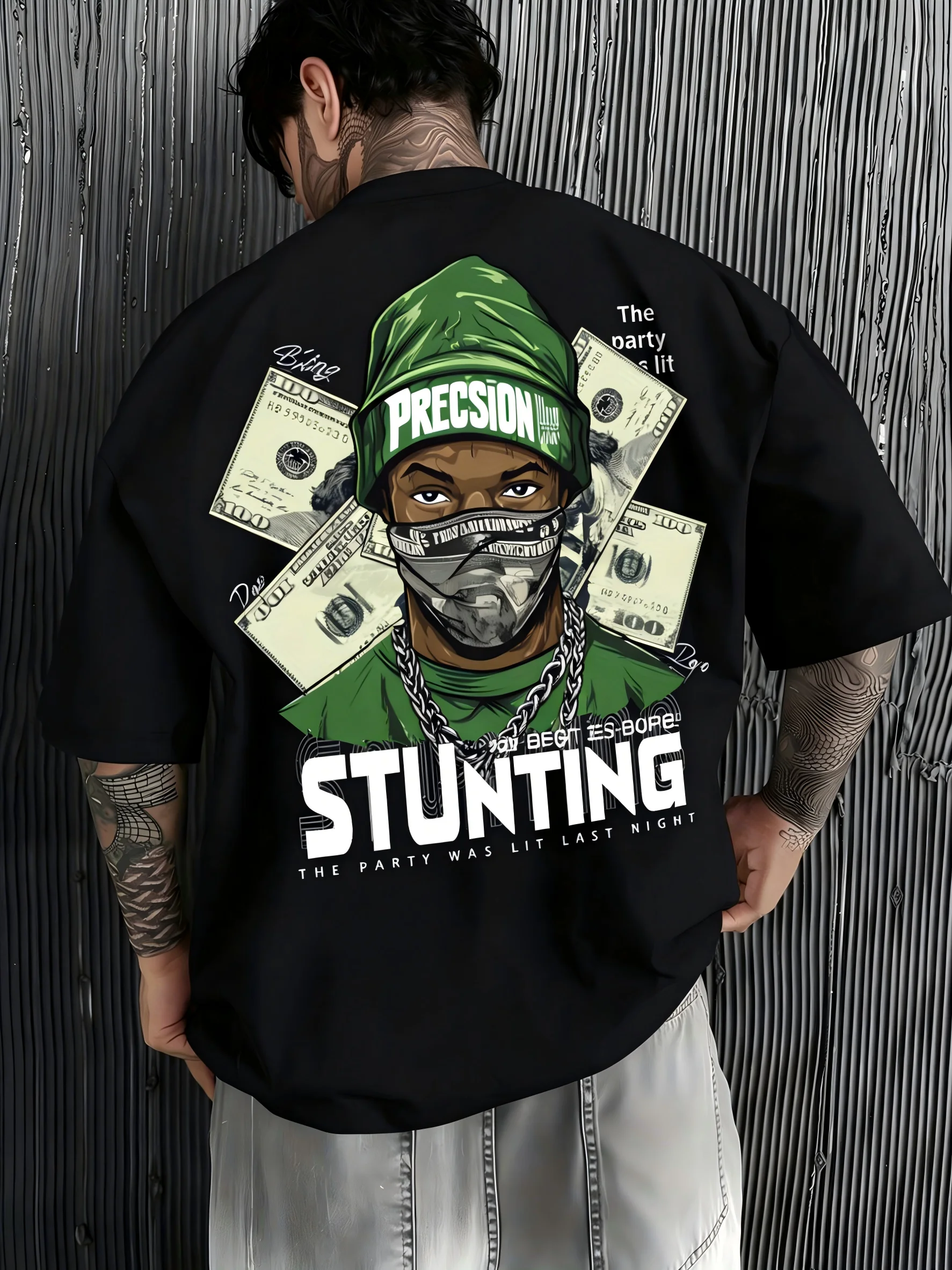 New men's summer hip-hop character wealth letter print micro elastic breathable round neck T-shirt outdoor street style top
