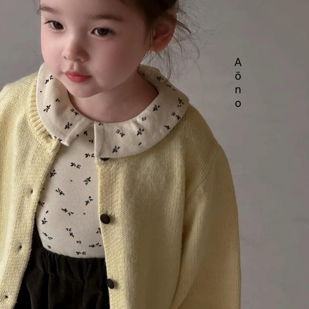 

SeasonSea футболка в рубчик с цветочным принтом для девочек, хлопковые топы с воротником Питера Пэна и длинными рукавами, весенне-осенняя повседневная одежда для малышей