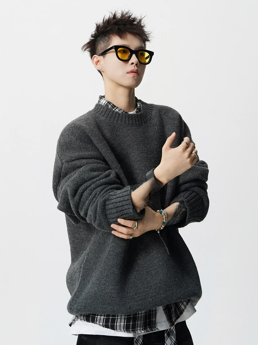 

Мужской вязаный свитер свободного кроя в американском стиле, модный, осенне-зимний, повседневный, для ношения под одеждой, светло-серый, с круглым вырезом