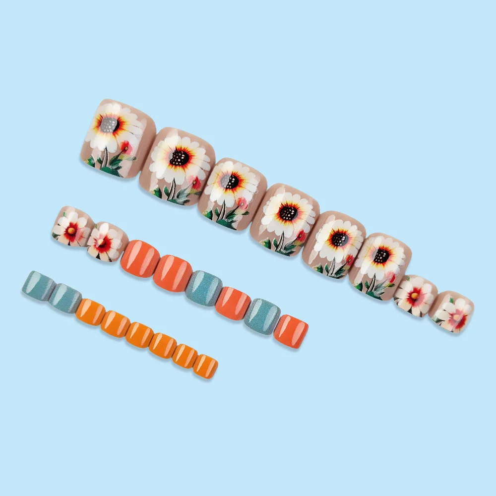 24 stks/set korte vierkante teennagels levendige zonnebloemen nep nageltips druk op valse nail art kit