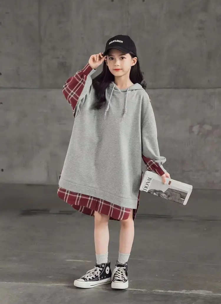 Girls Dress 2024 Spring Autumn Kids Hoodie Jackets Loose Dress Casual Long Sleeve Lattice Dresses For Girl Teen 5 - 14 Year