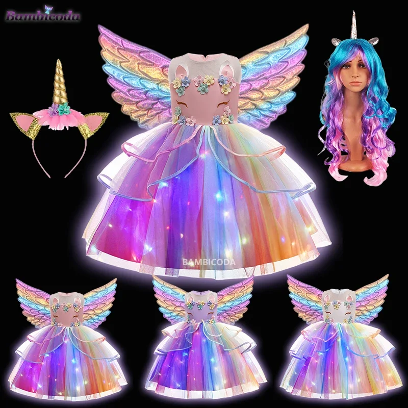 Halloween unicorn cosplay costume with LED light kids party stage performance dress birthday gift girls Christmas costume