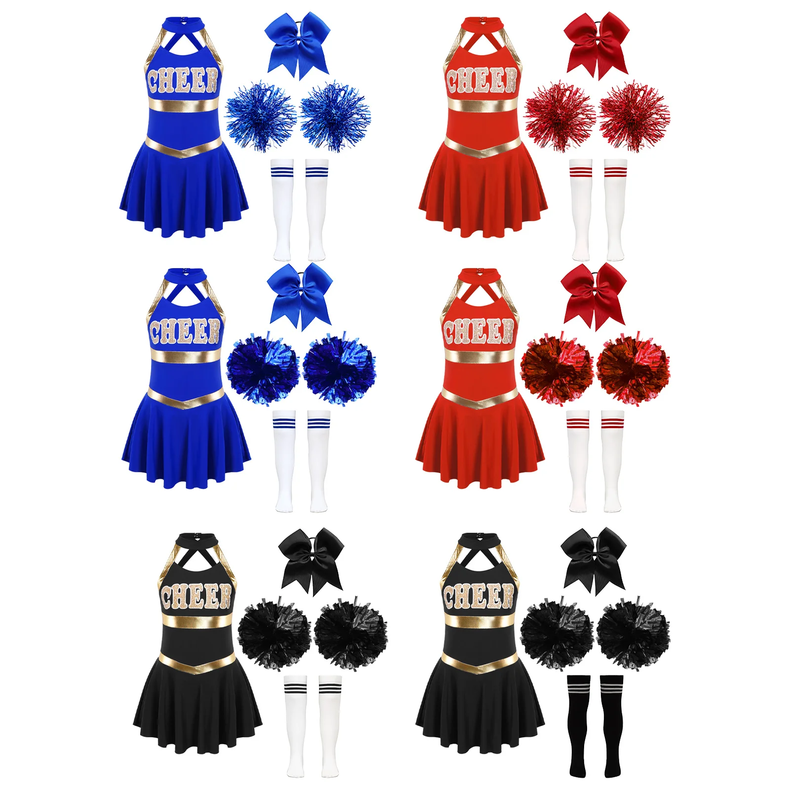 Kids Girls Cheering Team Outfits Letter Print Patchwork Crisscross Straps Dance Dress Headwear Hand Flowers Striped Tube Socks