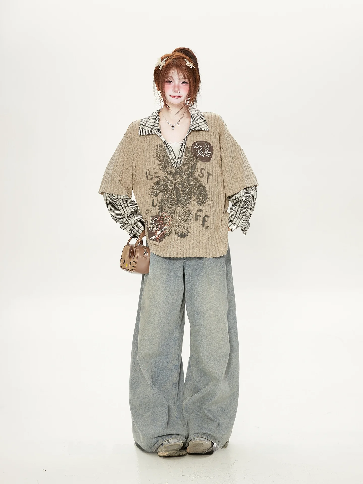 

Retro American Plaid Splicing Fake Two-Piece Bear Print Sweet Long Sve T-irt Women's Loose Covering Top for Autumn