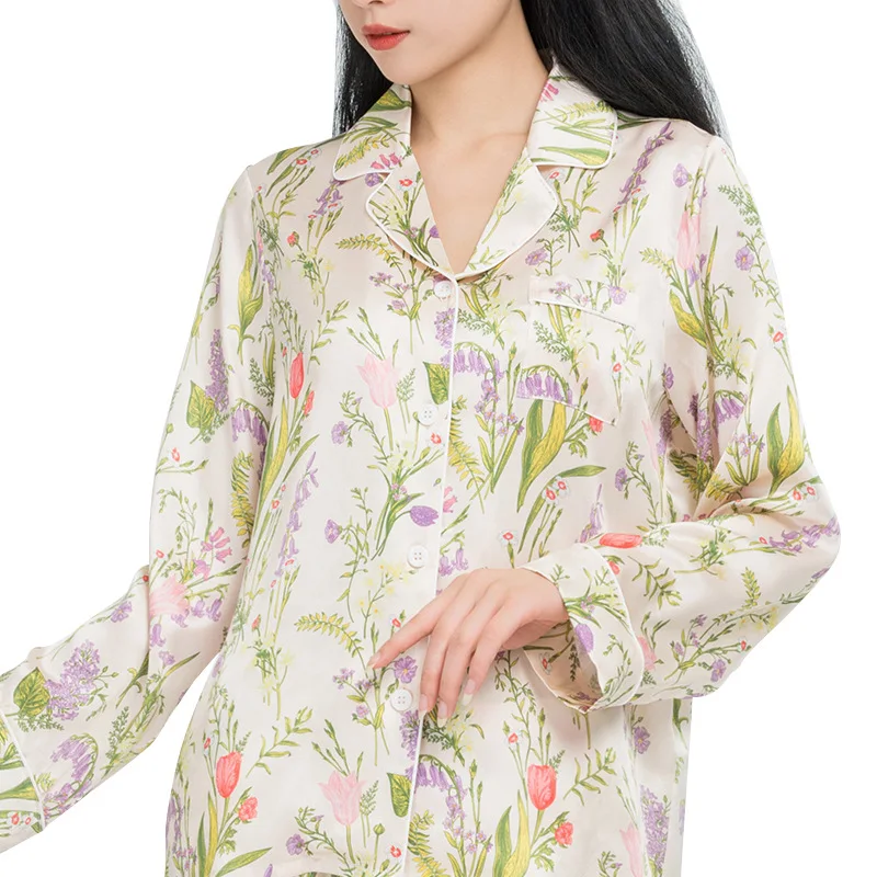 

19Mm 100% Silk Pajamas Set Luxury Print Sleepwear Lady Home Clothes Autumn Spring Nightwear Loungewear Pyjamas Birthday Gift