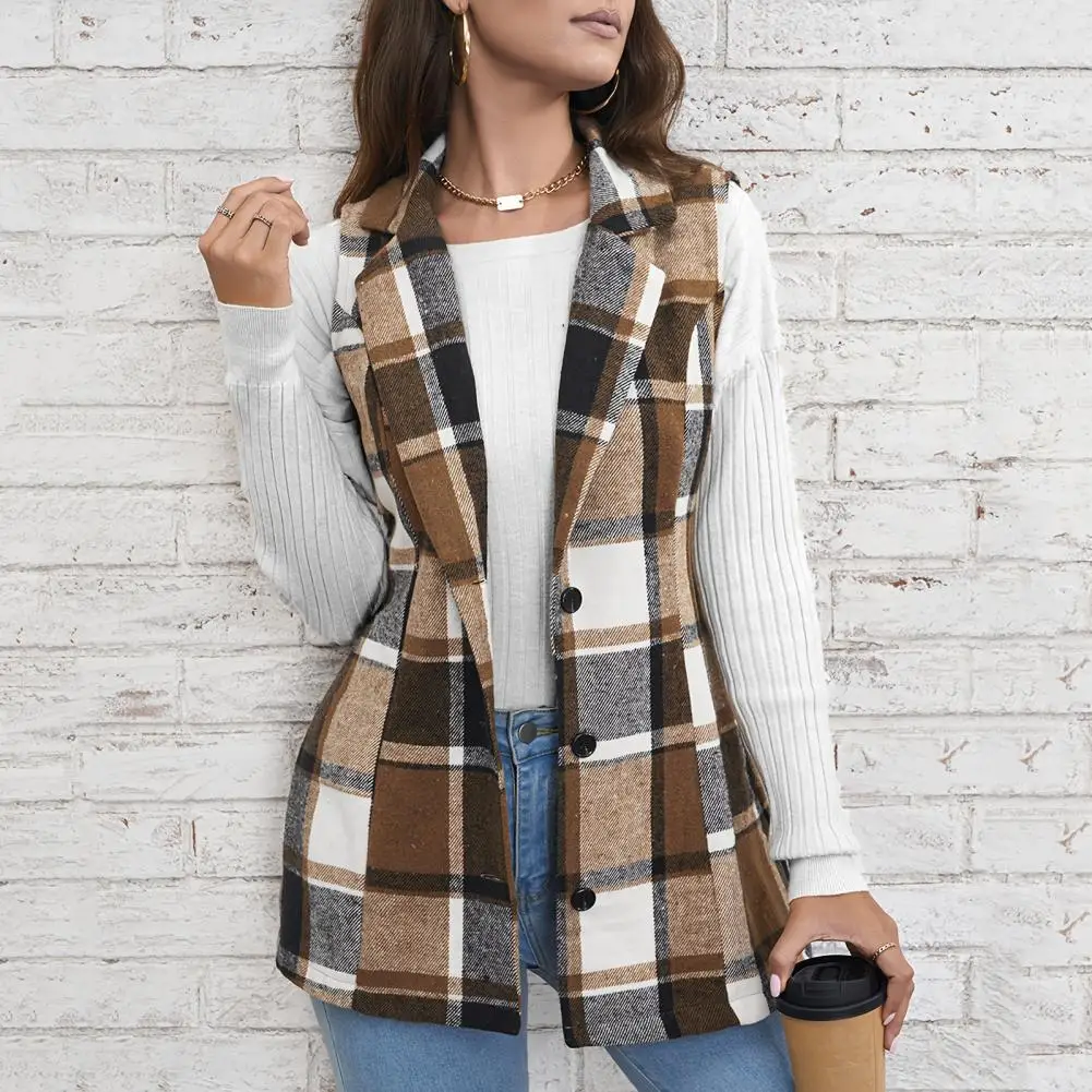 

Style Women Vest Plaid Print Vest Coat for Women Retro Mid Length Waistcoat with Turn-down Collar Button Down Closure for Fall