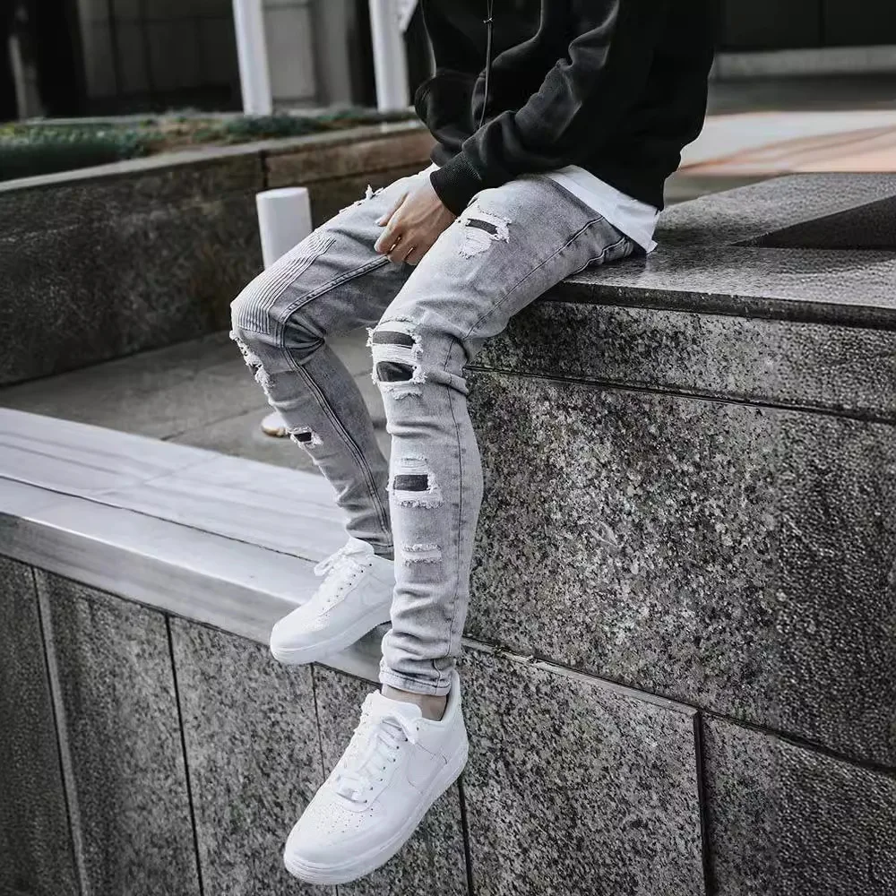 

Men's worn small foot stretch jeans, cross-border skinny jeans men's jeans