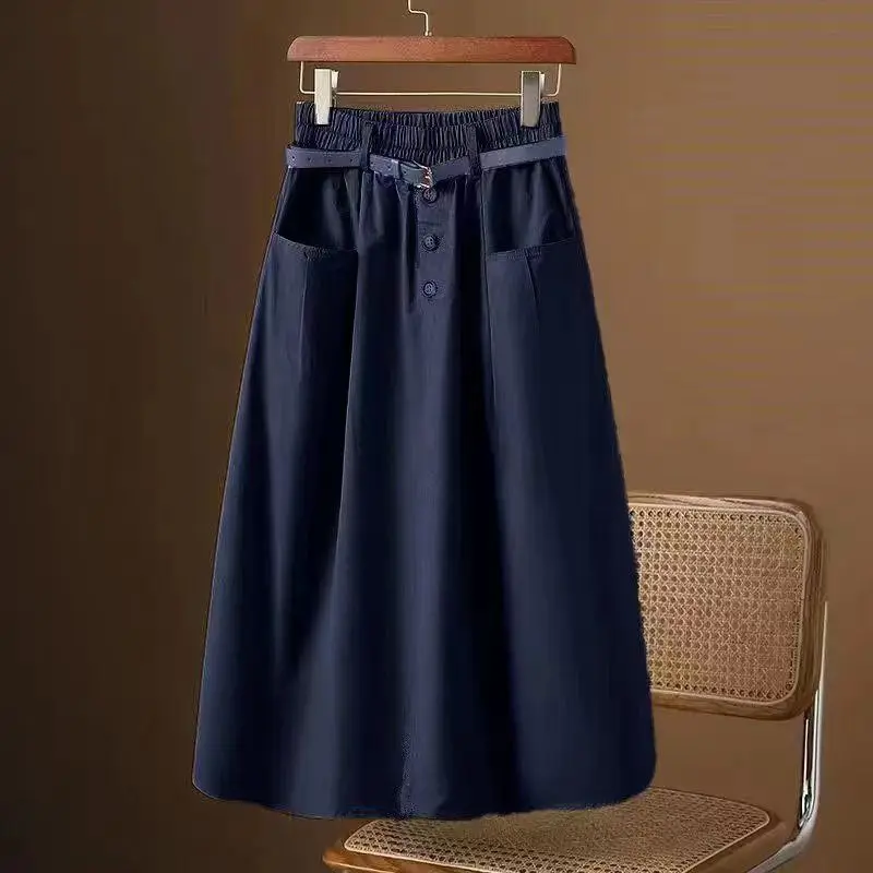 

Womens A Line Midi Skirt With Belt And Pockets Casual Solid Color Loose Fit Office Wear Spring Autumn Style