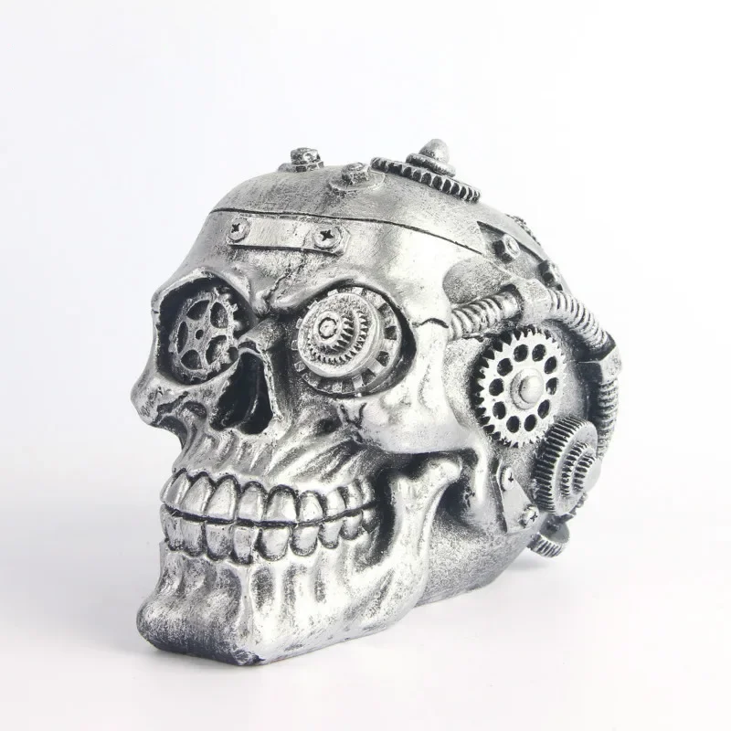 

BUF Silver Mechanical Gear Skull Statue Resin Craft Punk Style Home Decoration Sculpture Halloween Party Decor Ornaments Gifts