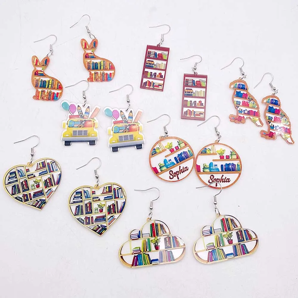 Cat Bookcase Earrings Book Dangle Earring for Women Rabbit Love Cloud Bookshelves Acrylic Earrings Teacher Reader Gifts Jewelry