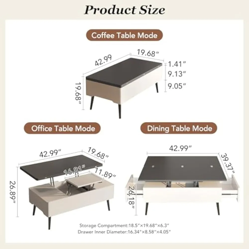 Grey Lift Top Coffee Table, Coffee Table Converts to Dining Table, Lift Top Coffee Table with Storage and Drawers