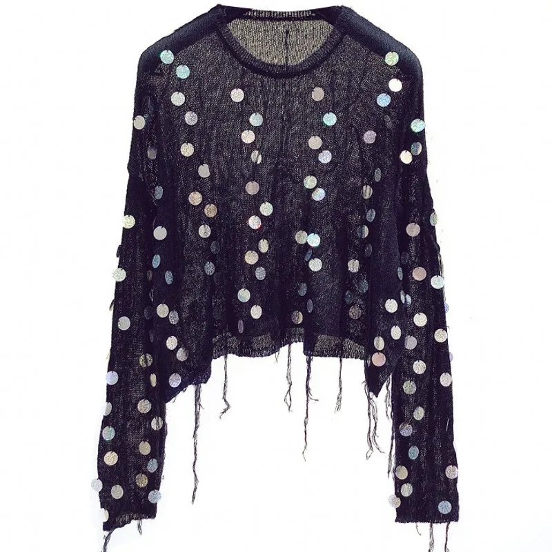 Women Glittering Sequins Wool Fringed Thin Sweater Loose Beaded Crocheted Tassels Pullover Knit Jumpers Tops Bright Silk Sueter