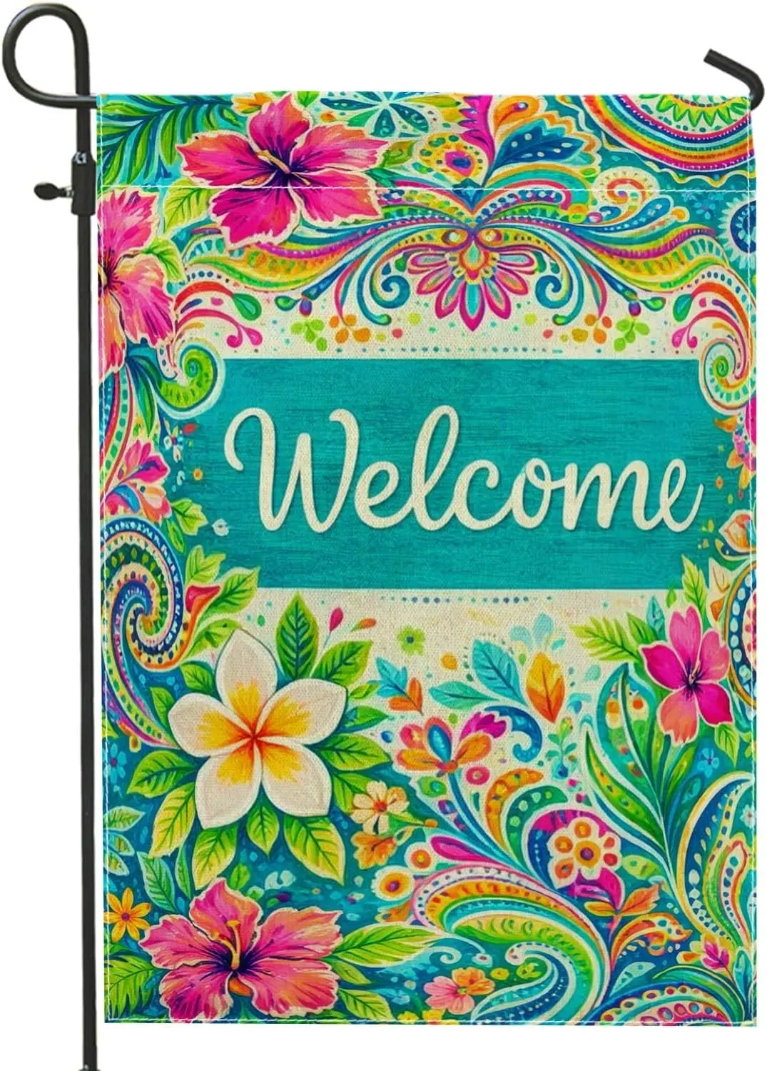 Flower Garden Flag, Tropical Vibrant Swirl Leaf Summer Turquoise Burlap Double Sided Small Garden Yard Flag for Outdoor Pati GGO