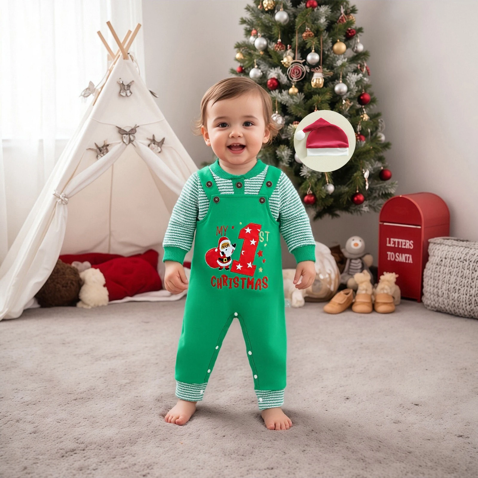 

Boys Girls Christmas 3 Piece Outfits Cute Long Sleeve Round Neck Striped Jumpsuit Santa Letter Print Overalls and Hat Set