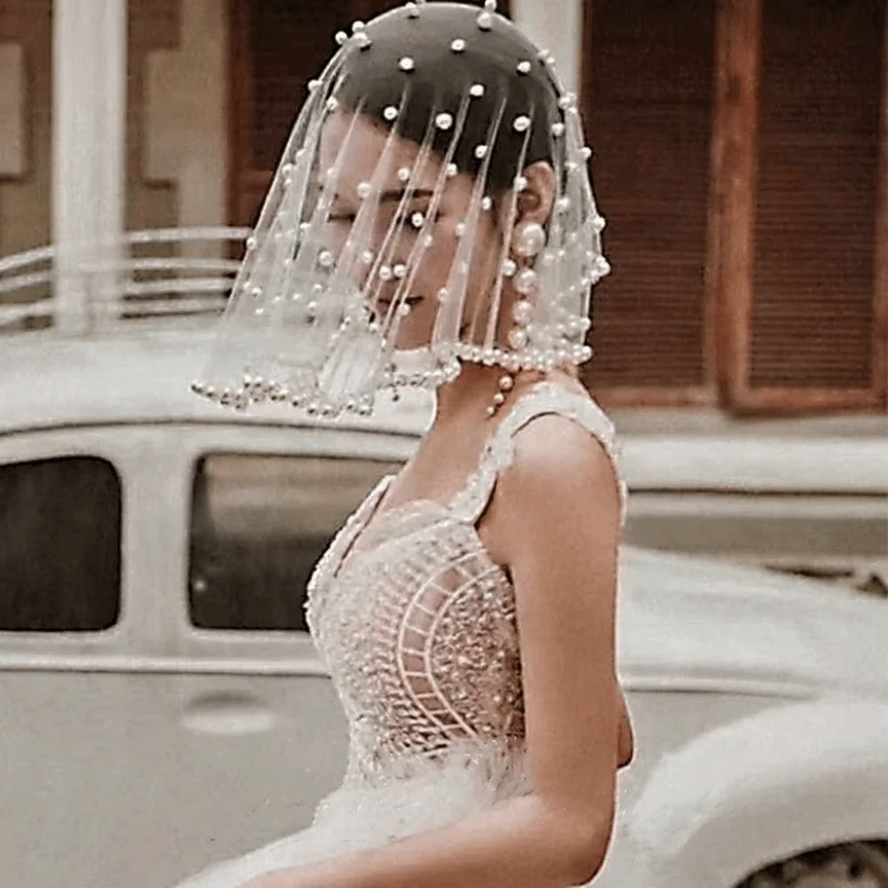 Vintage White Black Red Pearls Beads Brides Veil Headwear Solid Color Short Bride Head Gauze Tulle Wedding Veils Wedding image 4
