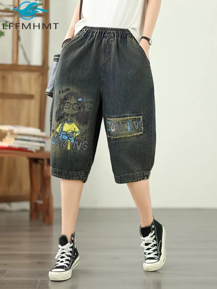 

5925 Summer Fashion Elastic Waist Denim Shorts Female Cartoon Print Retro Patchwork Jeans Thin Comfortable Half Length Trouser