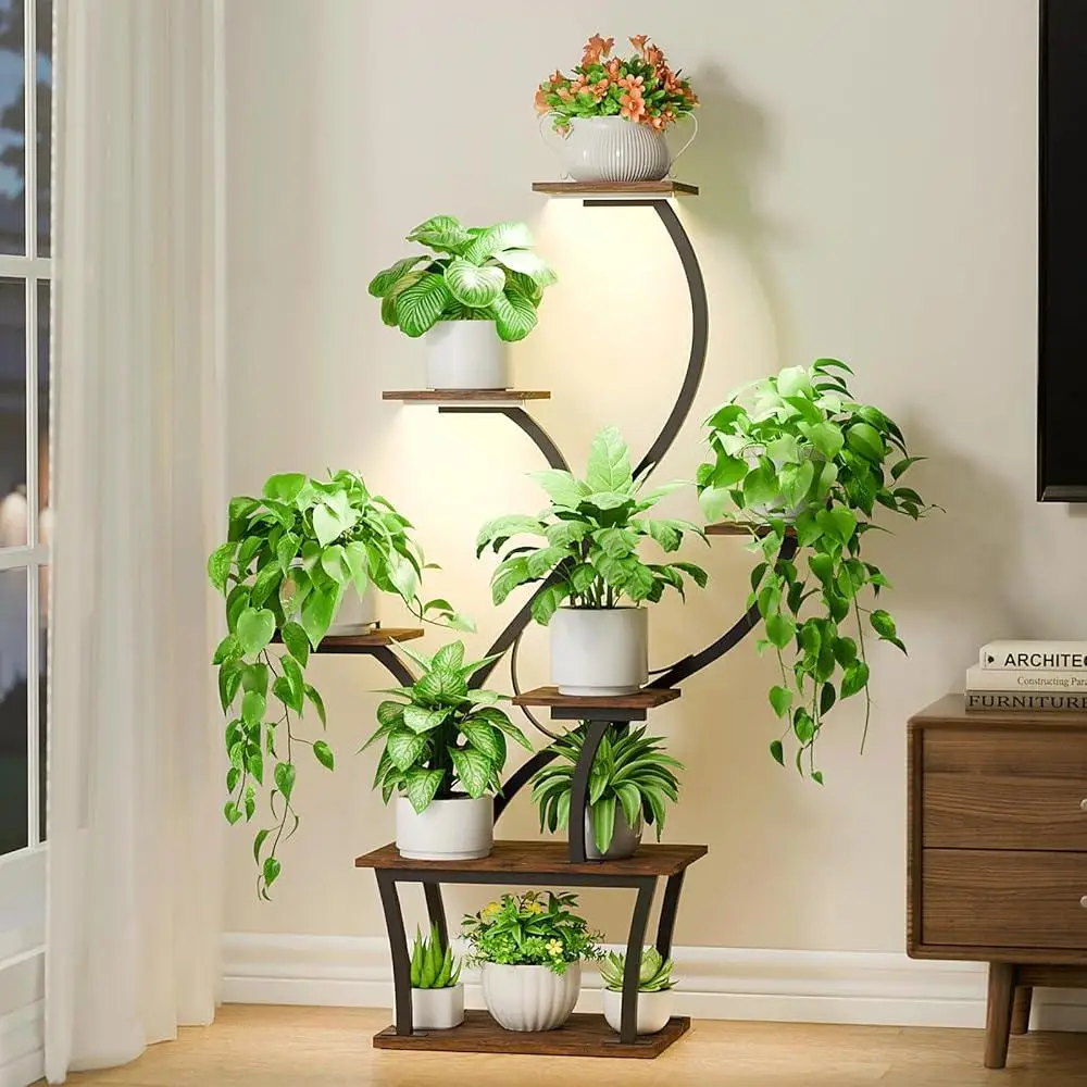 7 Tiered Indoor Plant Stand with Full-Spectrum Grow Lights Space Saving Corner Shelf Flower Display Home Office