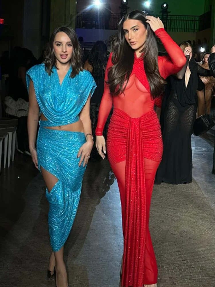 Glamorous Red Sequin Mesh Long Sleeve Dress – Deep V Neckline & High Slit Sheer Pageants Party Evening Gown