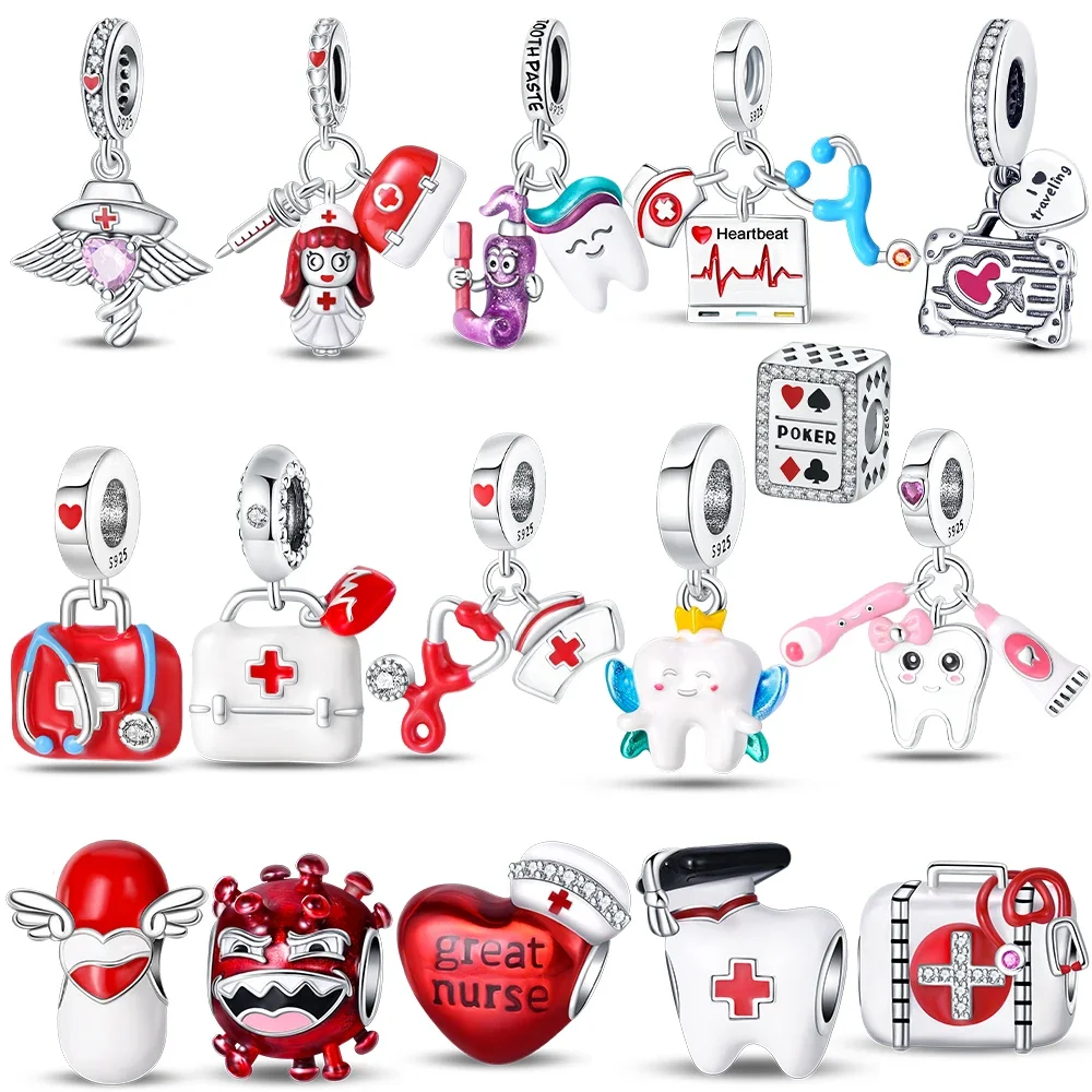 925 Sterling Silver Nurse  Charms Beads Fit Original Bracelets Bag Keychain Charms Beads Pendant Diy Women Jewelry Gift