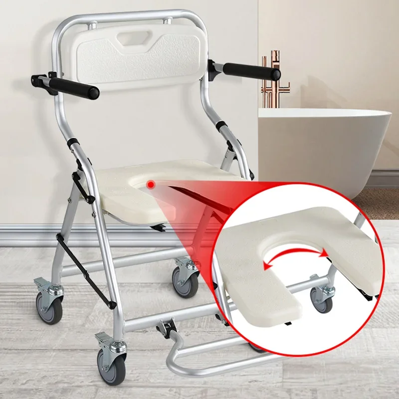 Foldable Rolling Shower Chair Bedridden Elderly and Disabled People Mobile Bath Seat Wheels Adjustable Bathtub Transfer Bench
