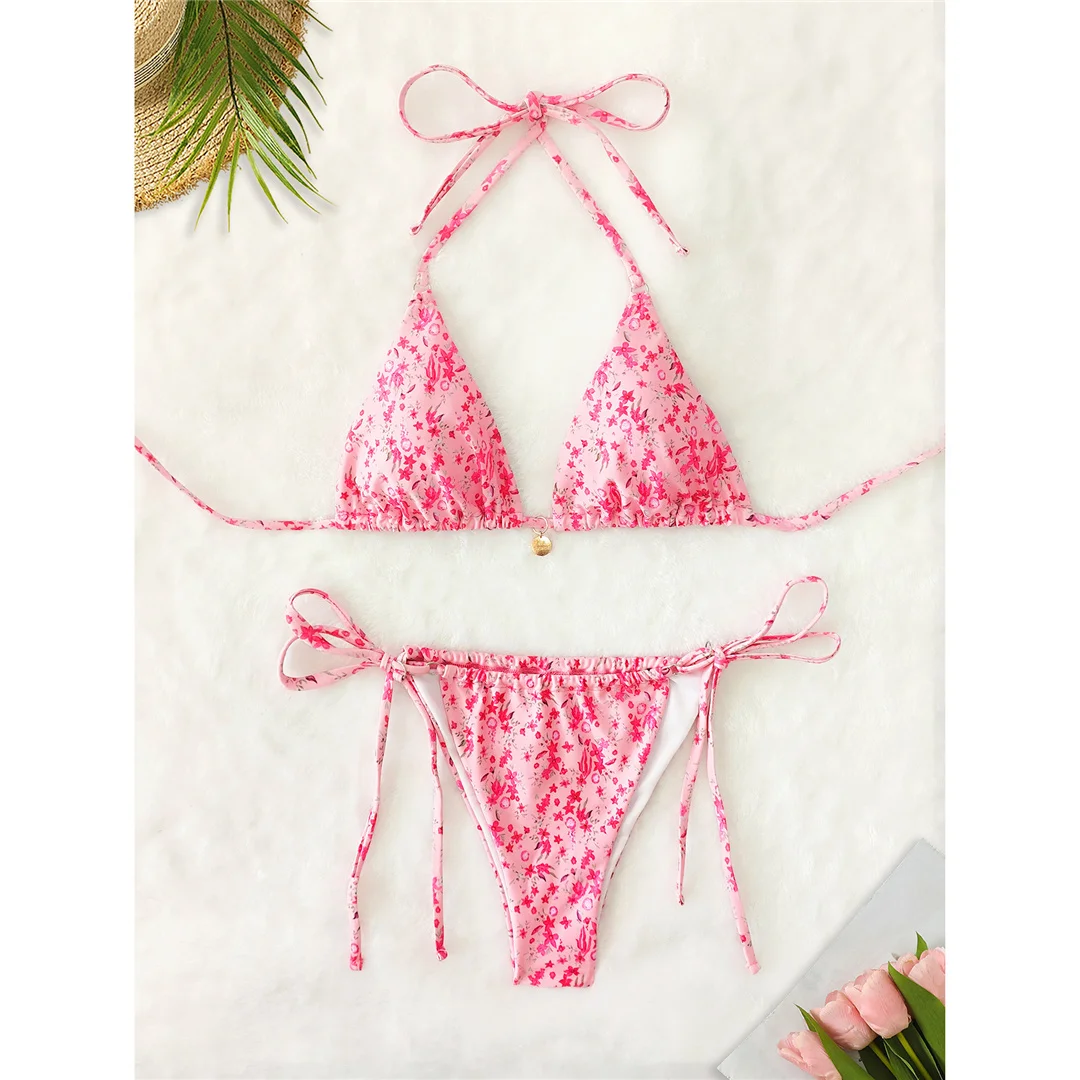 Blumenmuster-Bikini mit seitlichem Schnürband, Damen-Badeanzug, zweiteiliges Bikini-Set, Badebekleidung, Badeanzug, Modell V6437. – Detail 2