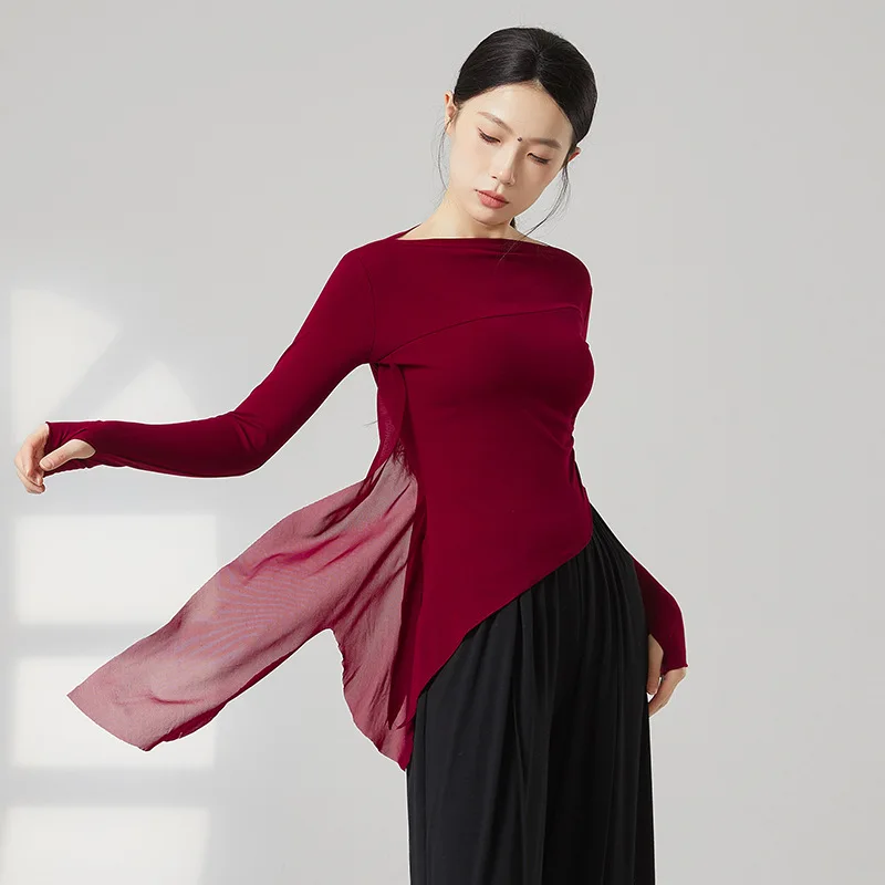 Women Chinese Classical Dance Practice Clothes Side Split Tulle Finger Sleeve Casual Wear Chic Stage Performance Costume