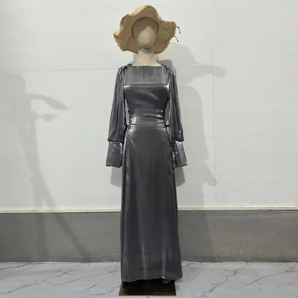 Eid Sliky 새틴 무슬림 원피스 여성용, 아바야 모로코 파티 드레스, 라마단 레이스업 아바야스 카프탄 이슬람 두바이 아랍 롱 로브, 2024