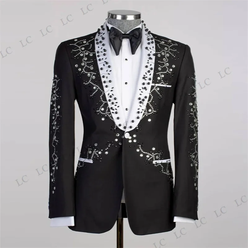 Exquisite 2 Pieces Blazer Pants One Button Diamonds Beads Men Suits Tuxedo Fashion Formal Prom Wedding Groom Plus Size Custom