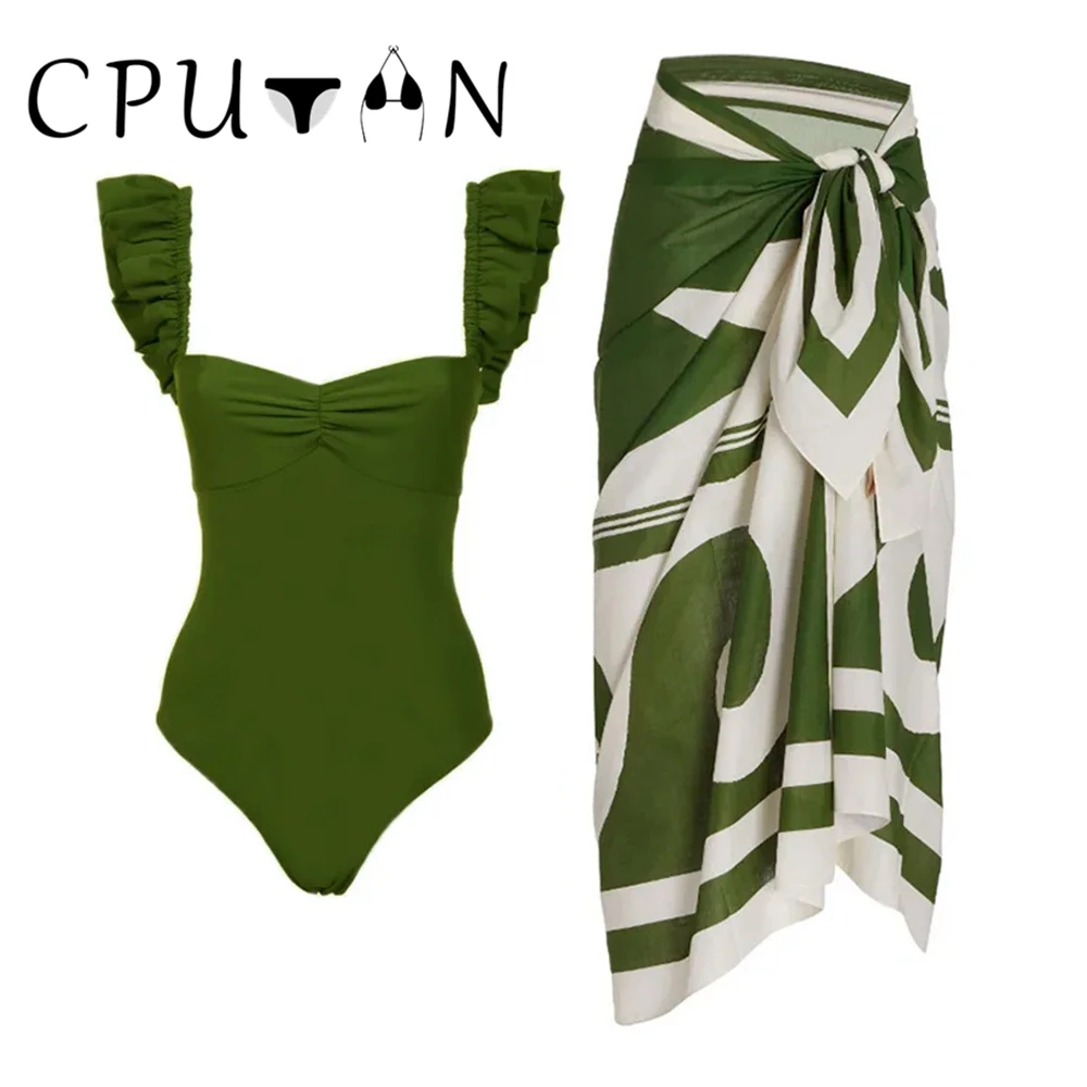 CPUTAN 2025 Sexy Ruffle Bikini Set Women Swimsuit One Piece Bathing Suit Cover Up Beachwear Skirt Print Biquini Female Brazilian