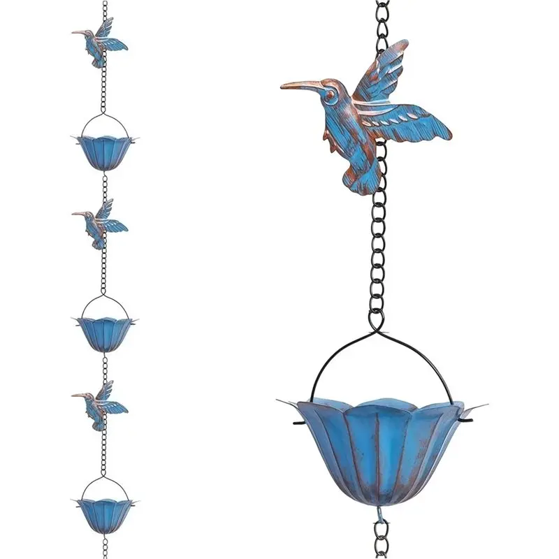 ABMS-Rain Chain, Hummingbird And Cup Shaped Outdoor Rain Chain, Vintage Rain Chain Pendant, Garden Eaves Decoration