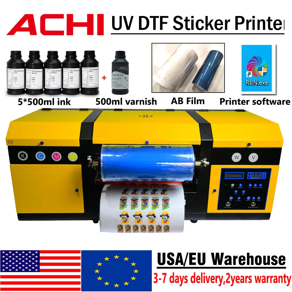 US STOCK ACHI A3 UV DTF Printer Sticker Printer Double XP600 Printer Software +film +5*500ML UV ink+Varnish US Warehouse