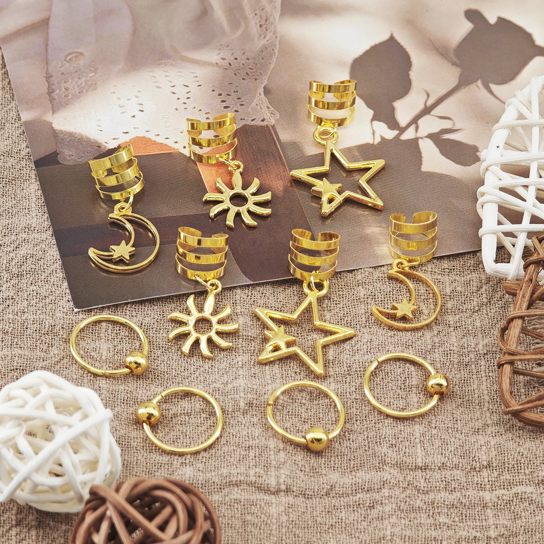 10pcs Star&Moon&Sun Pattern Hair Ties Set, Gold-Color Unique Dreadlock Hair Accessories, Braiding Decorations For Makeup & Party