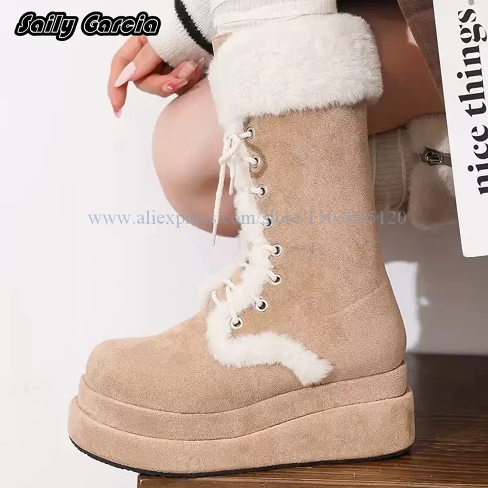 

Beige Front Lace-Up Short Plush Wedges Snow Boots Round Toe Platform Casual Lady Boots Winter NEW INS Thick Sole Anti-Slip Boots