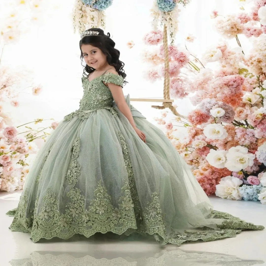 فساتين فتاة الزهور الخضراء لحفلات الزفاف مزينة بالدانتيل بطول الأرض فساتين حفلات أعياد الميلاد للفتيات فساتين التواصل الأول حسب الطلب #1