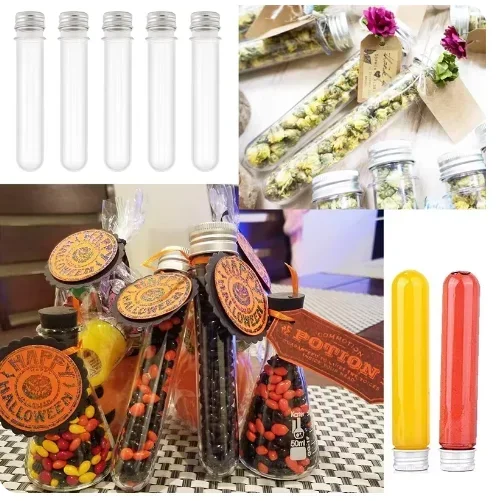 5 Stück 30ml-100ml durchsichtige Kunststoff-Reagenz gläser mit Aluminium-Schraub kappen für wissenschaft liche Experimente Badesalz Süßigkeiten Aufbewahrung sparty