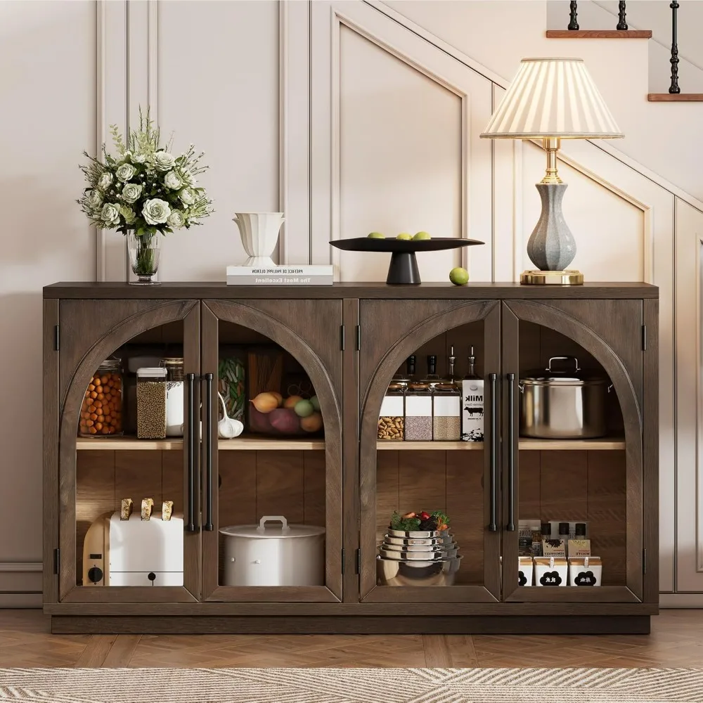 

Wood Accent Buffet Sideboard Serving Storage Cabinet with Glass Doors and Adjustable Shelves, Retro Entryway Console Table TV St