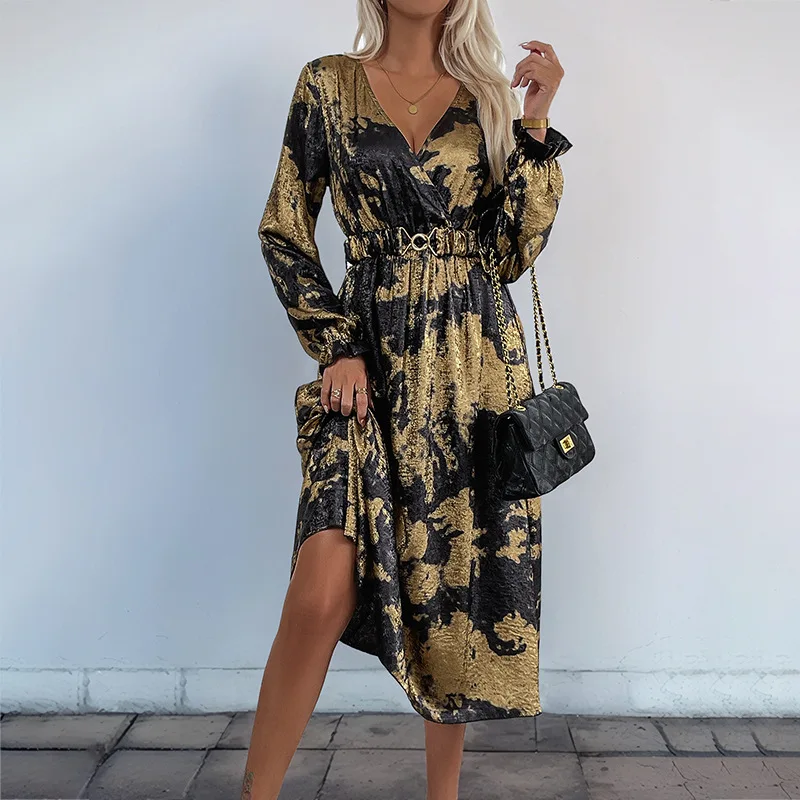 Elegant Women's Long Dress With Gold Foil Print V-neck Pullover Lantern Cuff Waist Belt Autumn New Style Dress A-line Swing 2025