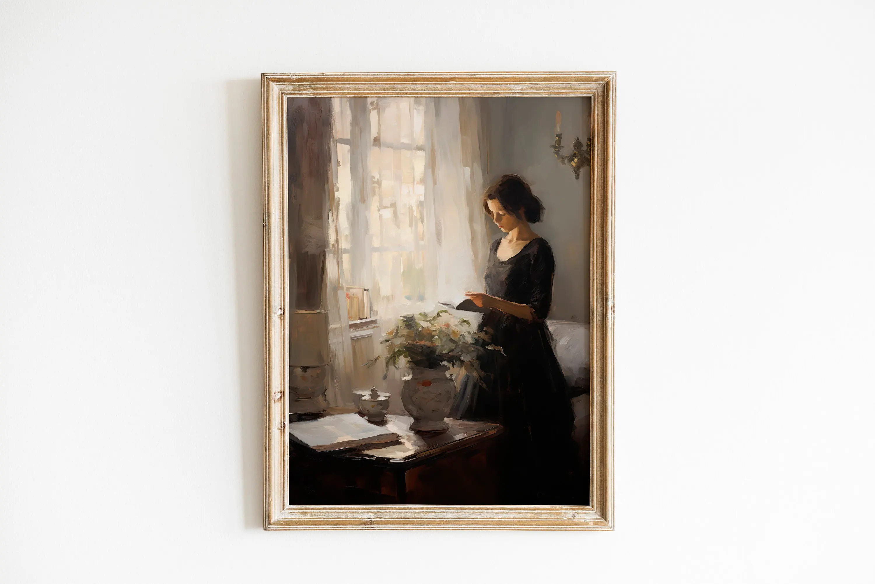 صورة عتيقة لسيدة القراءة ، طباعة فنية ، امرأة جمالية عتيقة في فستان خفيف جميل ، لوحة قماشية ، ديكور منزلي