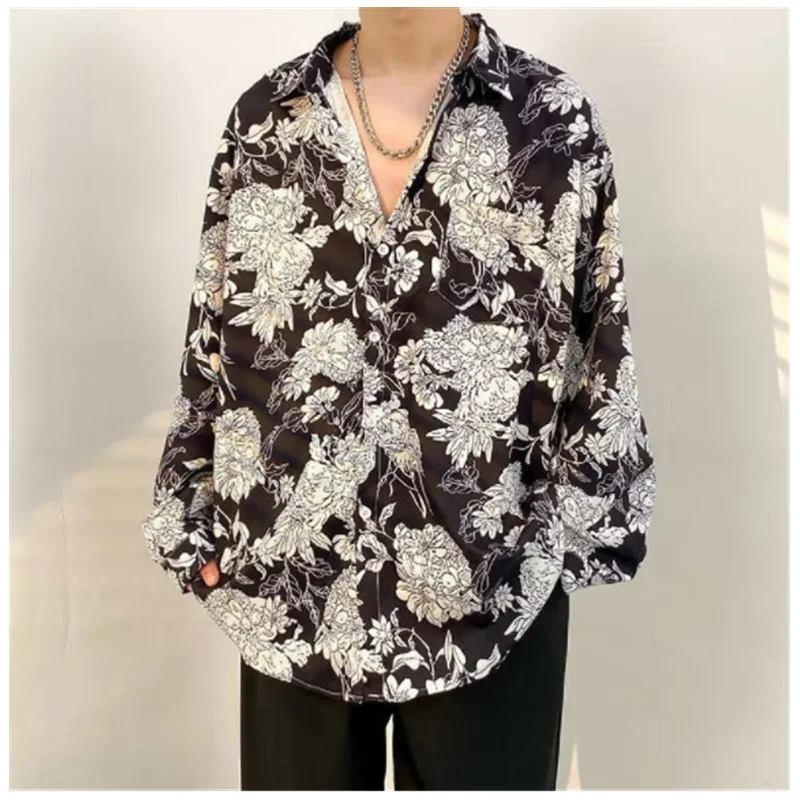 Fashion Street Clothing Retro Hong Kong Flower Shirt Loose Luxury Spring and Autumn Long Sleeve Couple Shirt Men's C0024